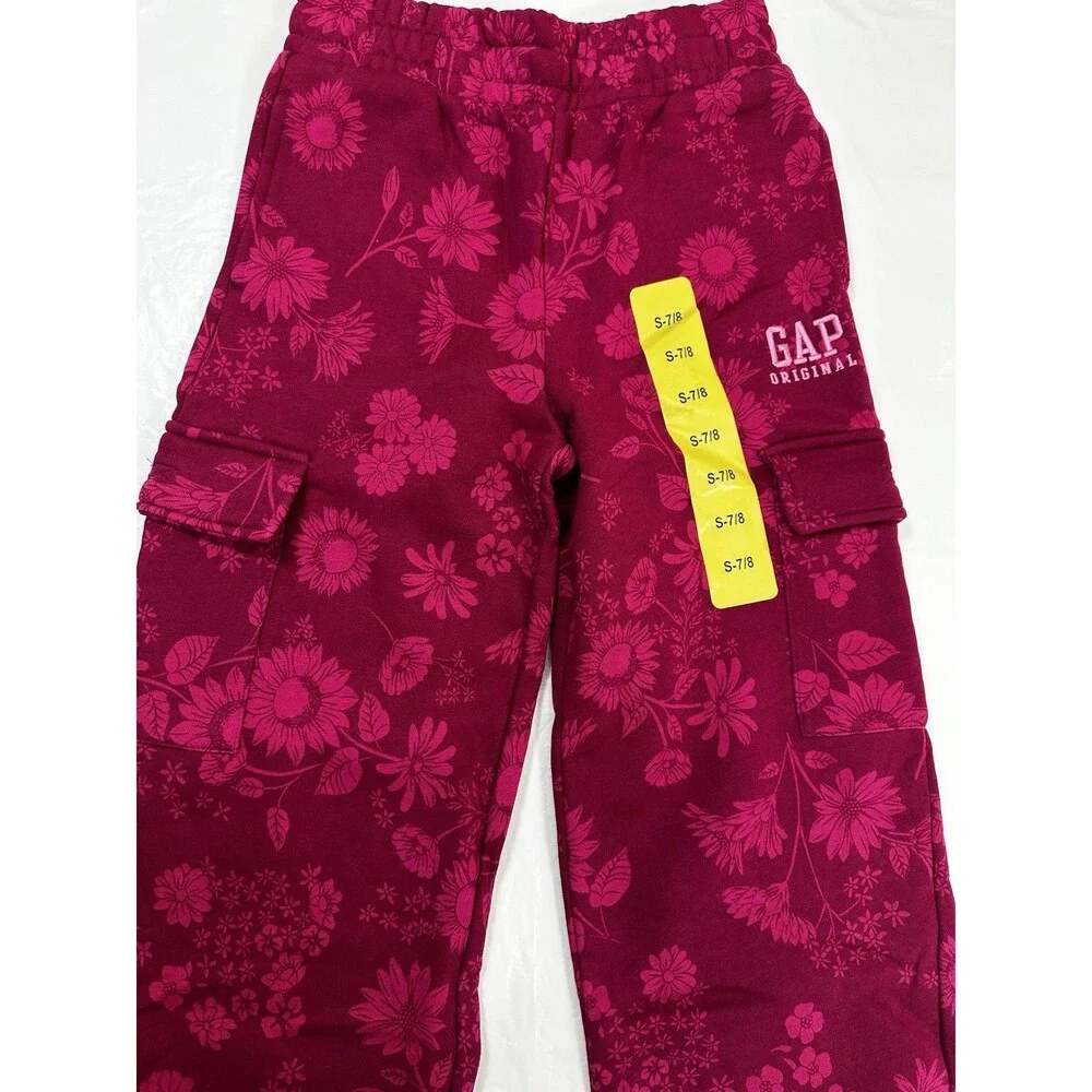 Gap Kids Girls Berry Pink Floral Fleece Cargo Pants Wide Leg Youth Size S 7/8